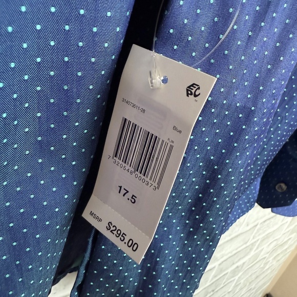 ETON Slim Fit Navy Blue Mint Green Polka Dot Button Up Dress Shirt Mens 17.5 NWT - Picture 3 of 11